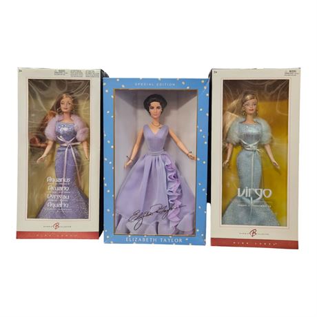 2 Vintage Mattel Zodiac Barbies & Elizabeth Taylor Doll, In Original Box