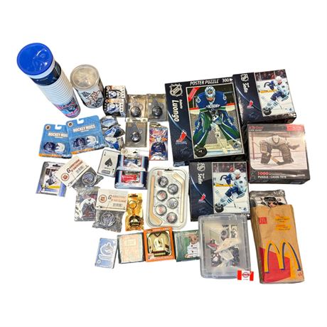 Large Assortment Of Hockey Memorabilia, Cups, Puzzles, Keychains, Cards, Etc..