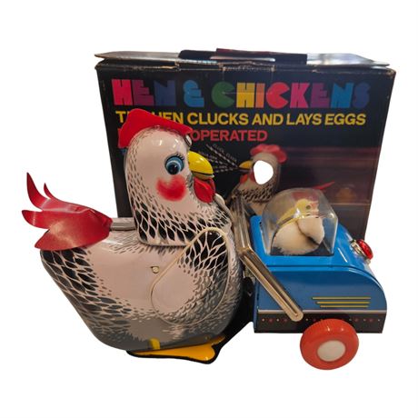 Vintage Hen & Chickens Tin Litho Battery Operated Toy, In Original Box