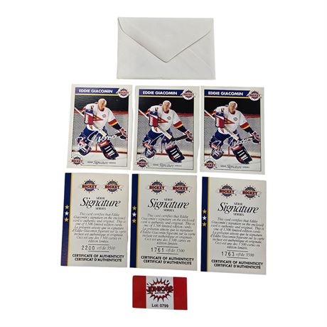 3 Eddie Jiacomin Signature Series Hockey Signed Card, With Coas