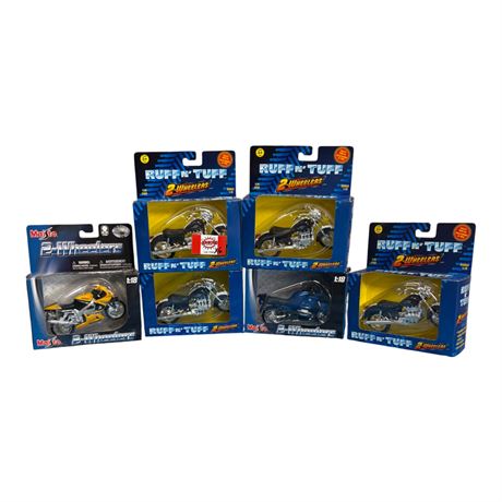 6 Maisto 1:18 Die Cast Metal Rough N Tuff 2 Wheelers, In Original Boxes