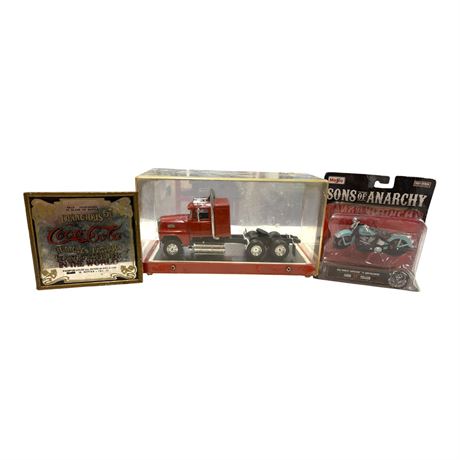 Assorted Collectibles, Semi Truck Model In Case, Coca Cola Mirror, SOA Harley