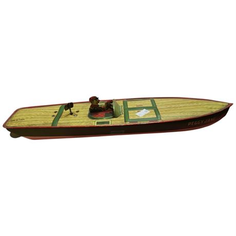 Early Tin Litho Wind Up Peggy Jane Toy Speedboat