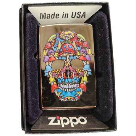 New Never Used Magic Mushroom Skull Zippo Lighter, In Original Case