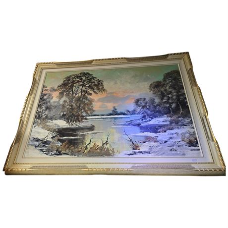 Framed Original Oil Painting Of Winter Lake By W. Cerner