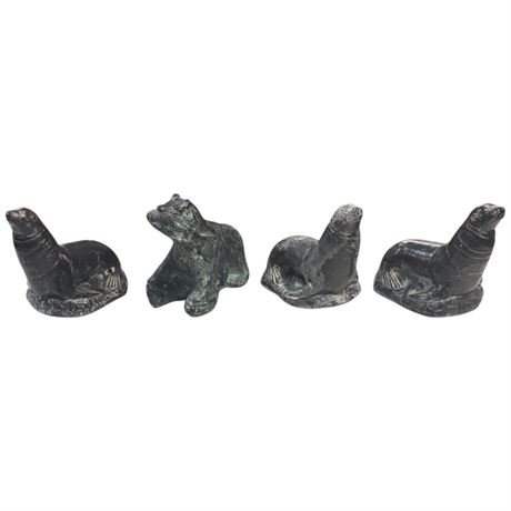 4 Hand Carved Animal Soapstone Sculptures, Seals & Bear