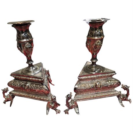 Pair Of Vintage Silver Plated Ornate Candlesticks With Griffin Feet
