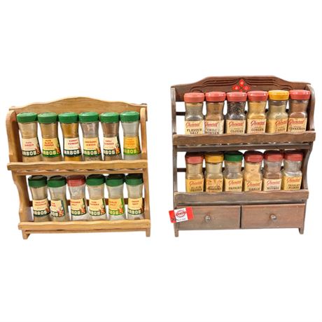 2 Vintage Spice Racks Full Of Vintage Spices, Nabob & Glenwood