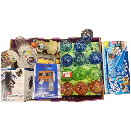 Assorted Collectibles, Aqua Globes, Remote Control Holder, Etc..