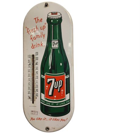 Vintage Porcelain On Steel 7Up Thermometer Sign