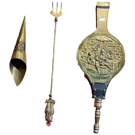 3 Brass Embossed Fireplace Tools, Bellows, Match Holder, Raker, Etc..