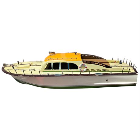 Large Vintage Wooden Model Boat "King", With Motor & Stand