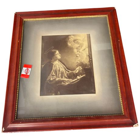 Vintage Framed Print Of Angel & Cherubs Signed G. Nauj
