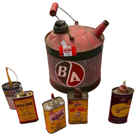 5 Vintage Oilers & Large B-A Oil Can