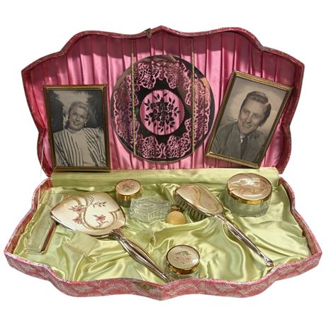 Vintage Deluxe Dresser Set With Gold Inlay & Floral Motif