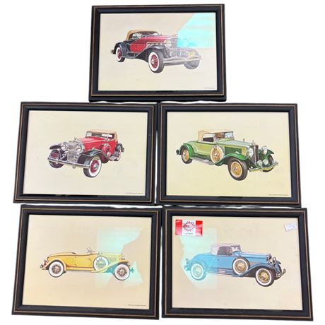 5 Framed Miniature Antique Car Prints