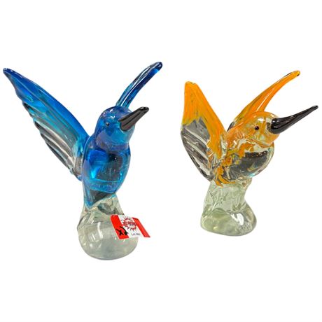 Pair Of Art Glass Humming Birds, 1 Murano