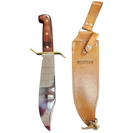 Vintage Western Bowie Knife In Original Leather Sheath