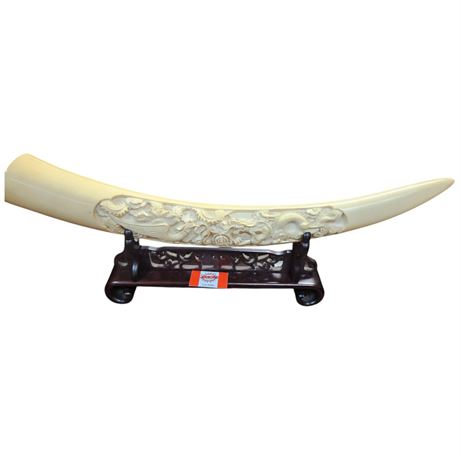 Faux Ivory Carved Elephant Tusk, On Stand