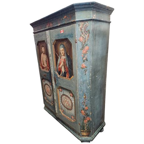 Early Pine European Cupboard Hand Painted With Jesus & Virgin Mary
