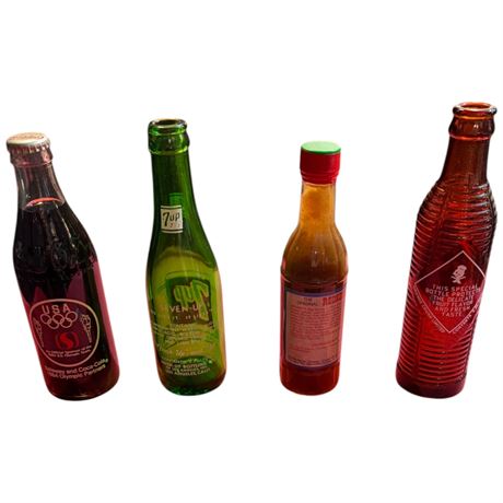 4 Vintage Bottles, Coca Cola, 7Up, Orange Crush, Red Neck Sauce