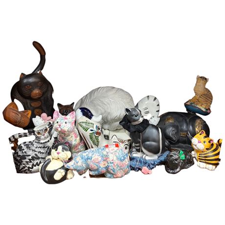 Large Assortment Of Collectible Cat Figurines, Pottery, Wood, Etc..