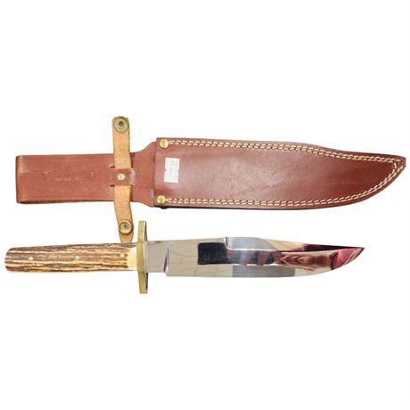 Vintage Solingen A.G. Russell Knife With Antler Handle & Leather Sheath