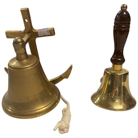 2 Vintage Brass Bells, 1 With Anchor