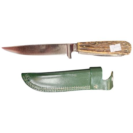 Vintage Knife With Multi Tool Handle In Leather Sheath