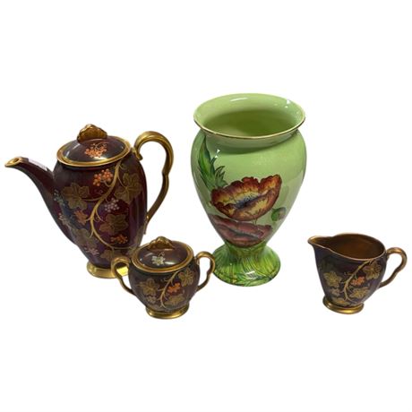 4 Vintage Pieces Of Porcelain Carlton Ware, Vase, Coffee Pot, Etc..