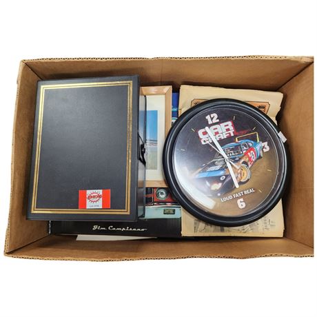 Box Full Of Nascar Magazines, Books, Clock & Assorted Cassette Tapes