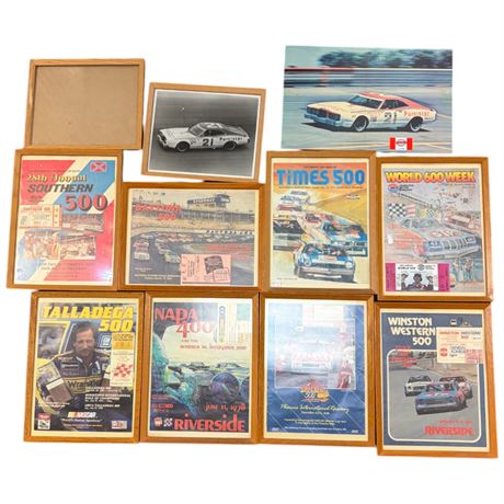 Assorted Framed Raceway Posters With Original Tickets & Car Prints