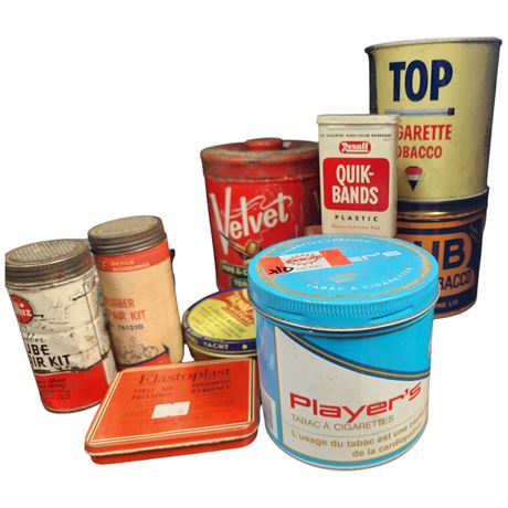 Assortment Of Vintage Cans, Tobacco, Tube Repair Kit, Elasto Plast Etc..