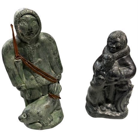 2 Hand Carved Large Eskimo Soapstone Sculptures