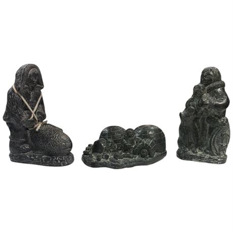 3 Hand Carved Eskimo Soapstone Sculptures