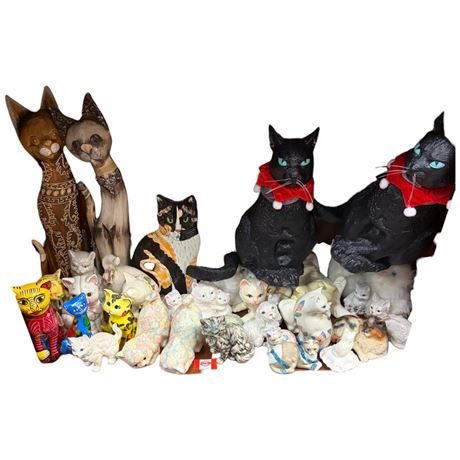 Large Assortment Of Collectible Cat Figurines, Porcelain, Rubber, Wood, Etc..