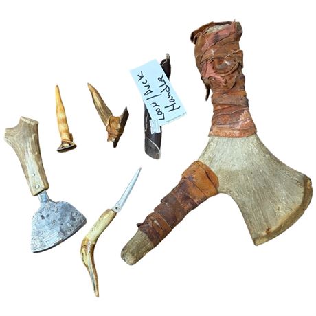 5 First Nations Antler Handled Tools, Scrapers & Knife