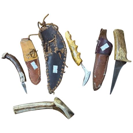 4 First Nations Antler Handled Tools, Scrapers & Knives With Leather Sheaths