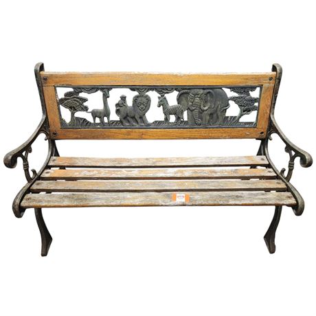 Vintage Cast Iron & Wood Miniature Park Bench With African Motif Backing