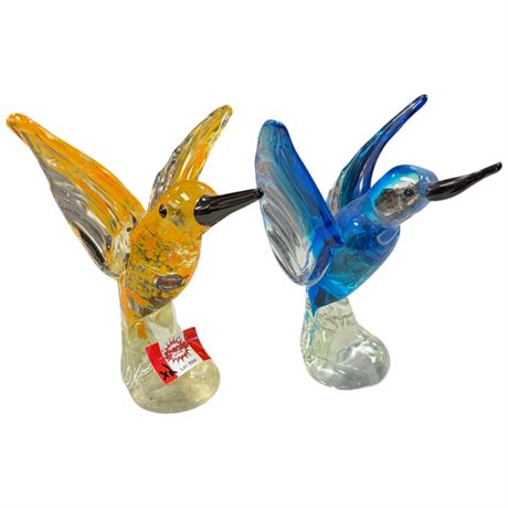 Pair Of Art Glass Humming Birds, 1 Murano