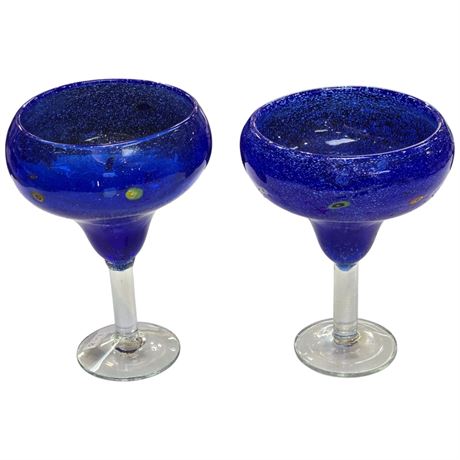 2 Large Art Glass Hand Blown Margarita Glasses