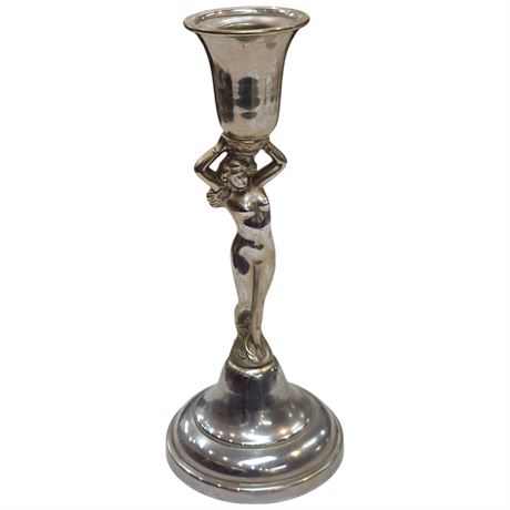 Cast Metal Art Deco Nude Lady Figural Candle Stick Holder