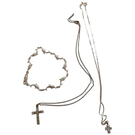 Silver Dolphin Bracelet, And 2 Silver Chains & Crosses