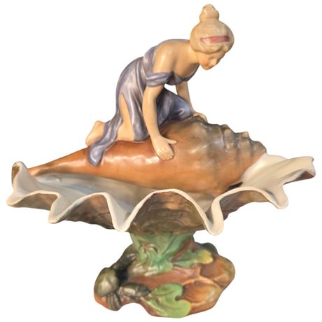 Early Art Nouveau Royal Dux Porcelain Maiden On Seashell Figurine