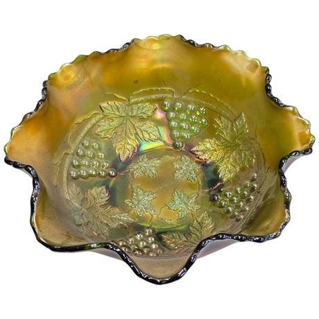 Early Green Footed Carnival Glass "Grape & Cable" Bowl