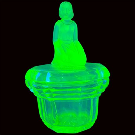 Vintage Art Deco Uranium Glass Kneeling Lady Lidded Dish