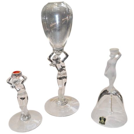 3 Nude Lady Figural Glass, Bell, Cambridge Urn, Etc..