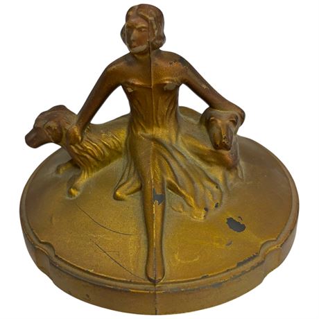 Art Deco Lady With Dogs Painted Glass Lid