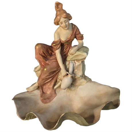 Early Art Nouveau Royal Dux Porcelain Maiden On Clam Figurine