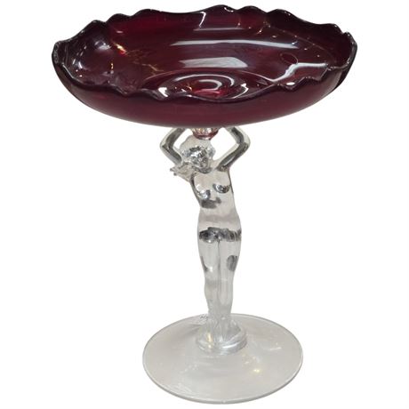 Vintage Cambridge Crown Tuscan Nude Lady Figural Glass Compote